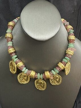 Gold Coin Charm Necklace with Pink and Mint Beads